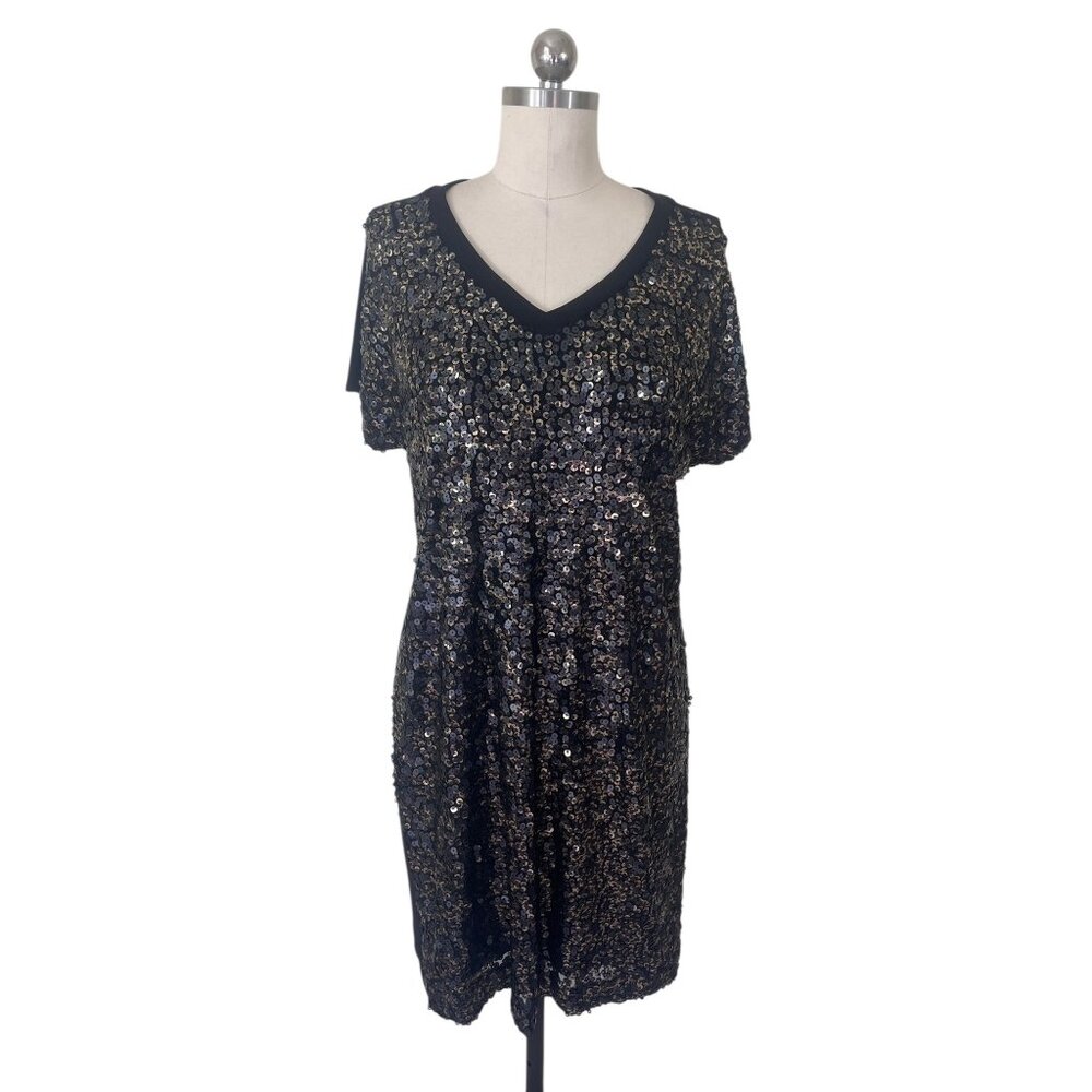 Calvin Klein Evening Dress Womens Large Black Sequin Short Sleeve Avant Garde